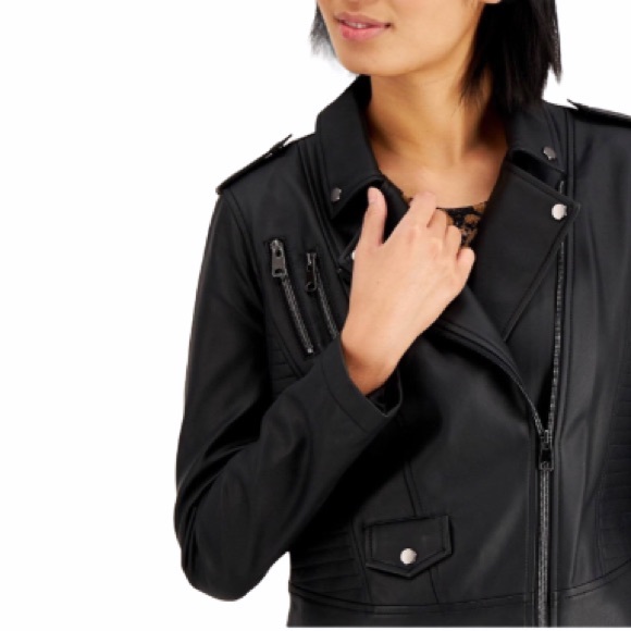Coffeeshop Black Juniors' Faux-Leather Moto Jacket - Picture 2 of 7
